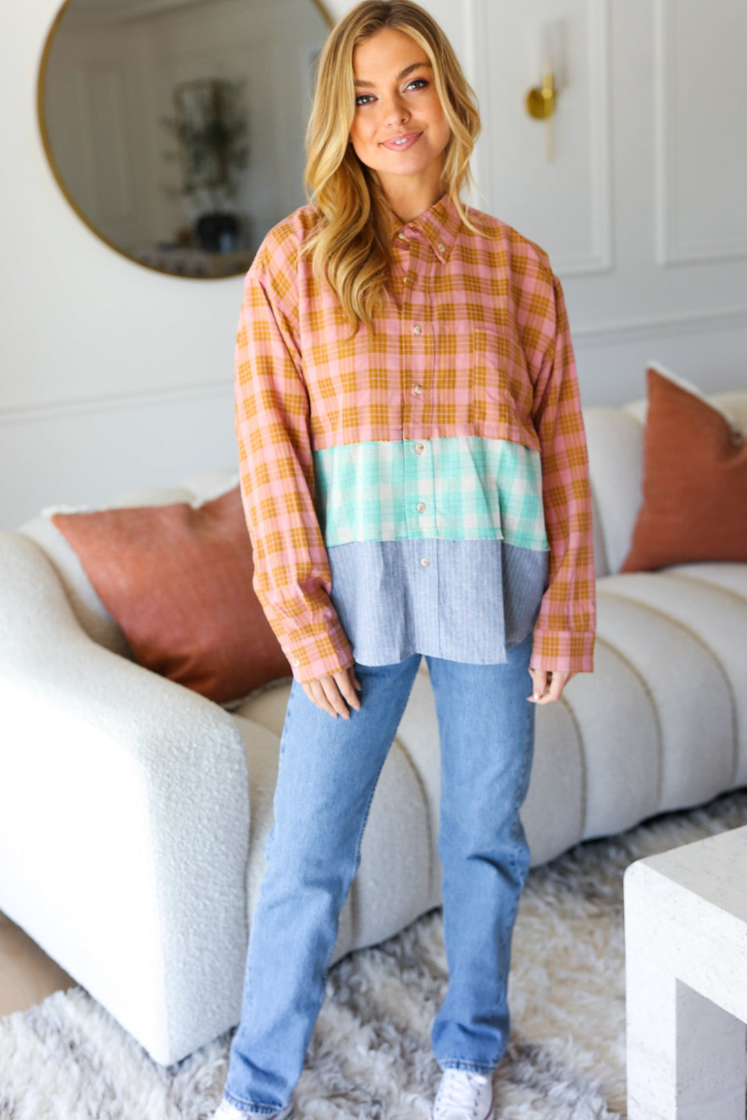 You've Got This Mauve & Mint Color Block Plaid Button Down Shirt