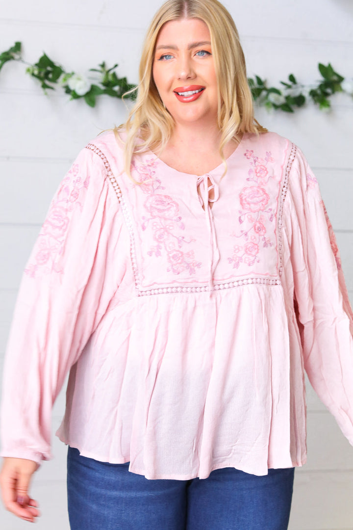 Blush Embroidered Tie String Peasant Top