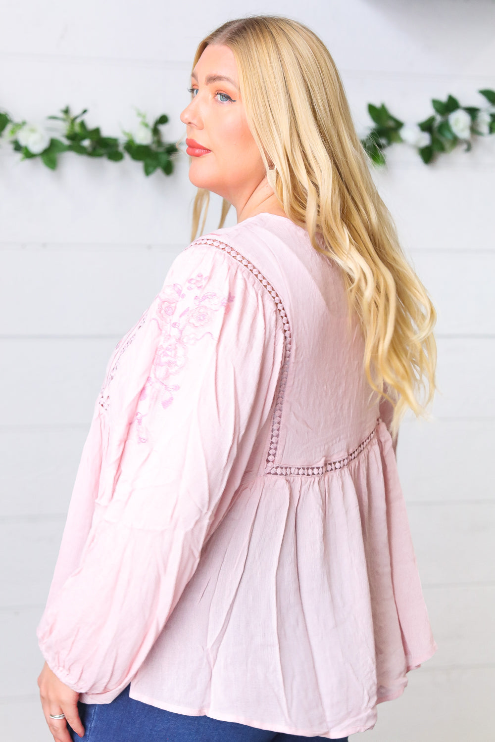 Blush Embroidered Tie String Peasant Top