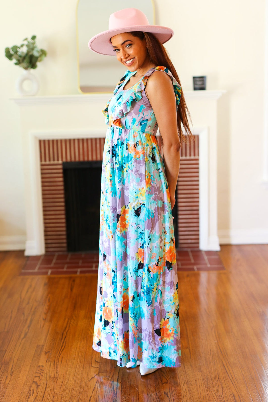 Feeling Elegant Seafoam Floral Print Ruffle Maxi Dress