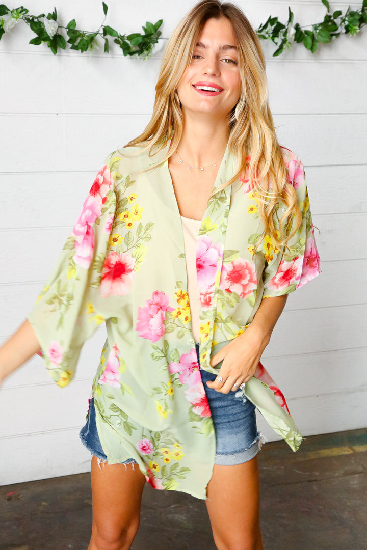 Sage Floral Print Chiffon Cover Up Kimono