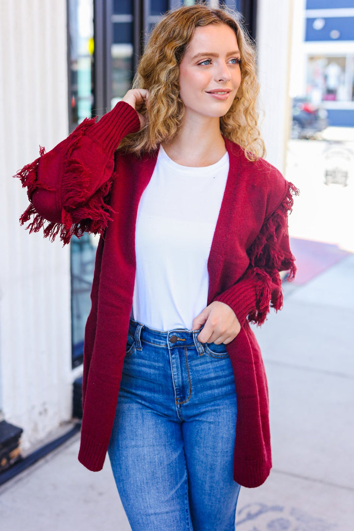 Beautiful You Burgundy Fringe Detail Knit Cardigan