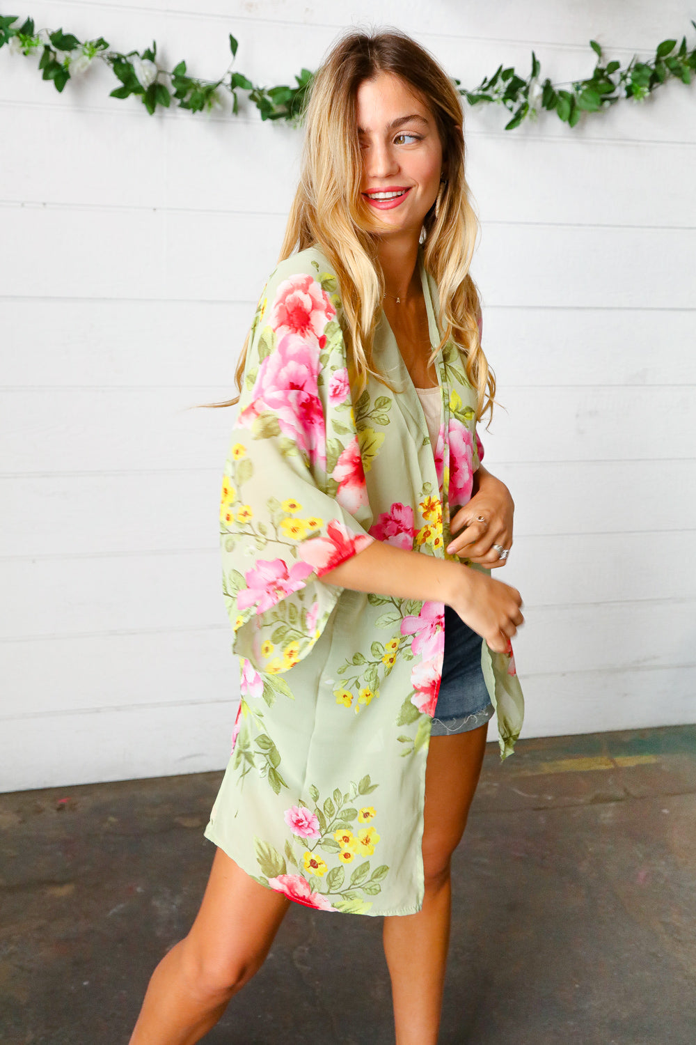 Sage Floral Print Chiffon Cover Up Kimono