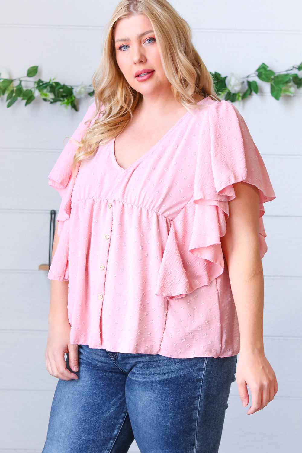 Soft Pink Swiss Dot Ruffle Woven Top