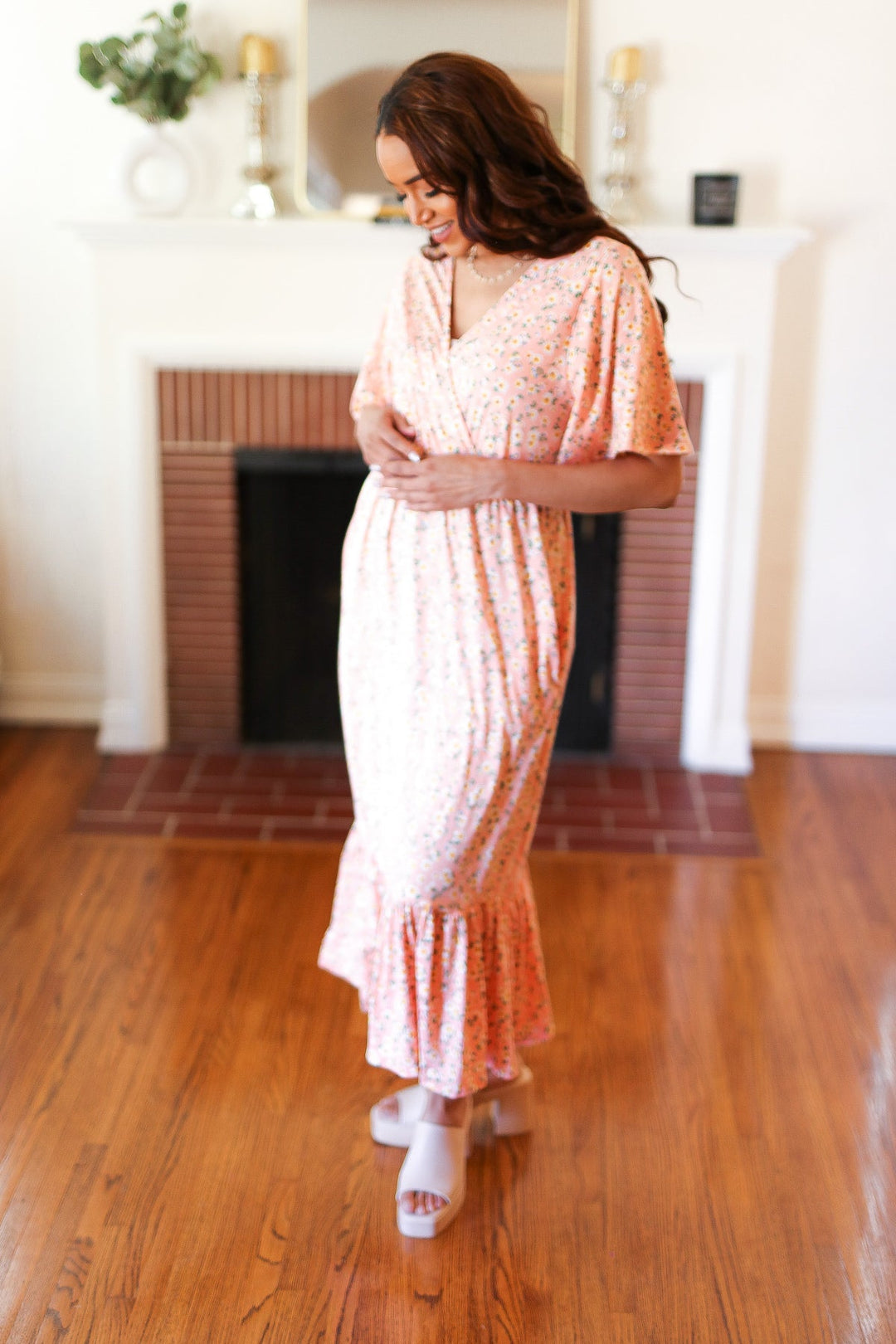 Peach Floral Surplice Elastic Waist Ruffle Maxi Dress