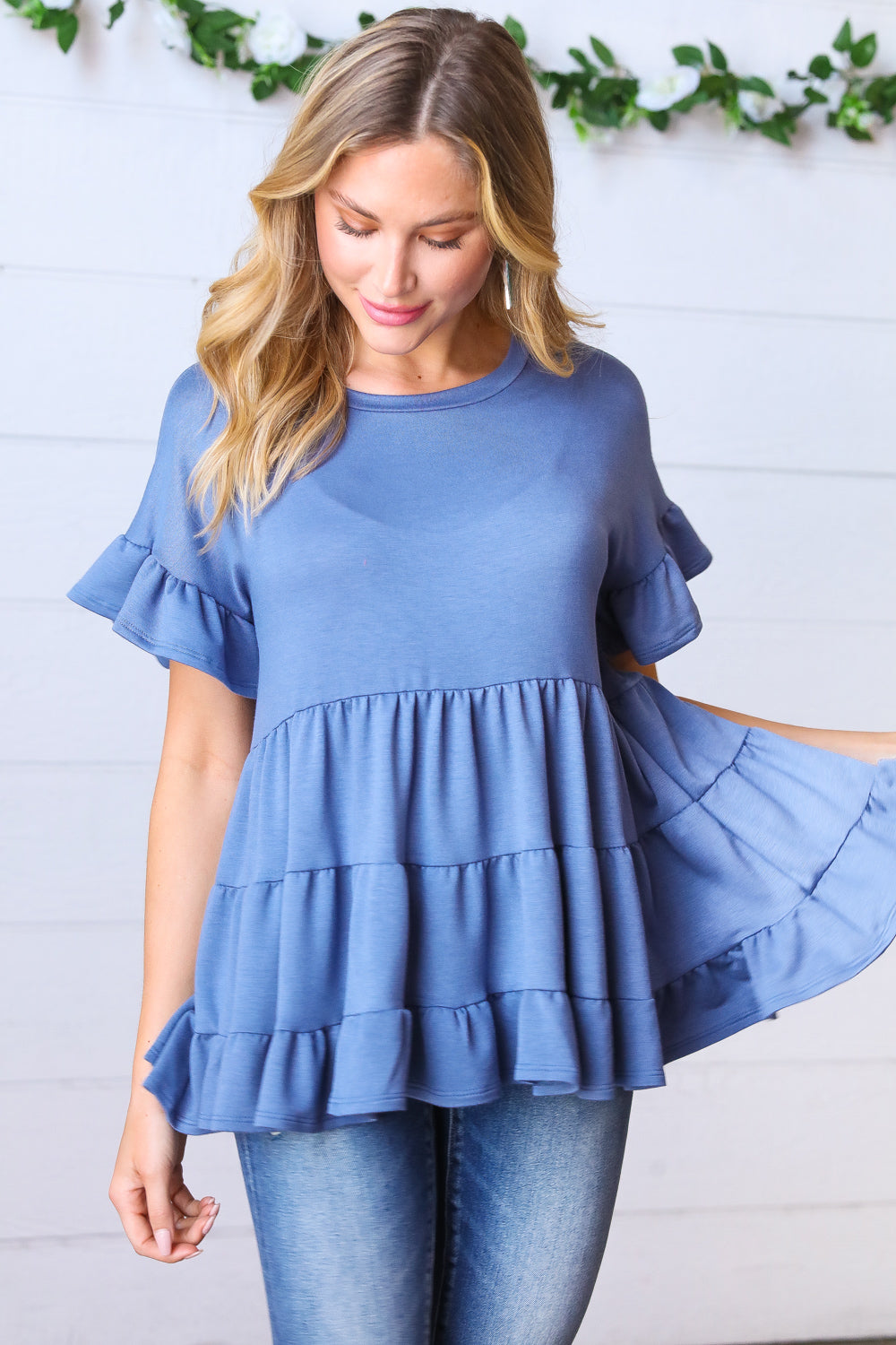 Denim Ruffle Frill Short Sleeve Swing Knit Top