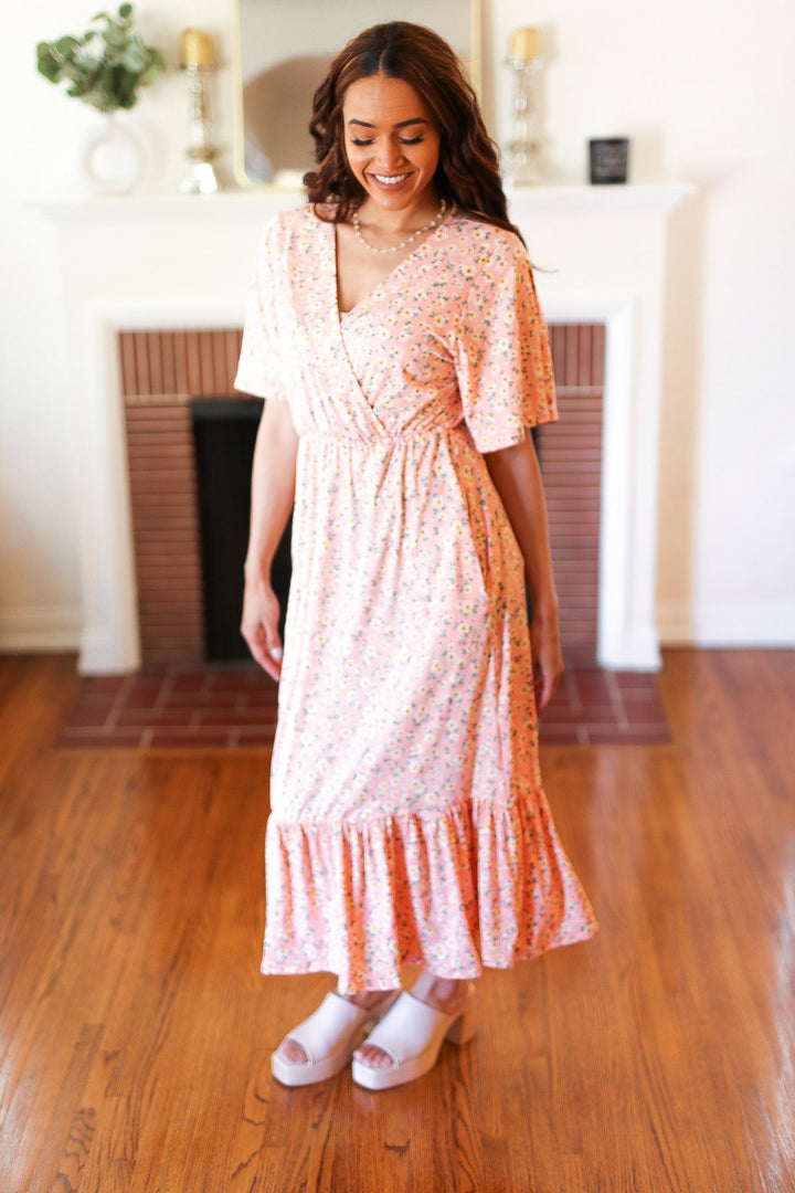 Peach Floral Surplice Elastic Waist Ruffle Maxi Dress