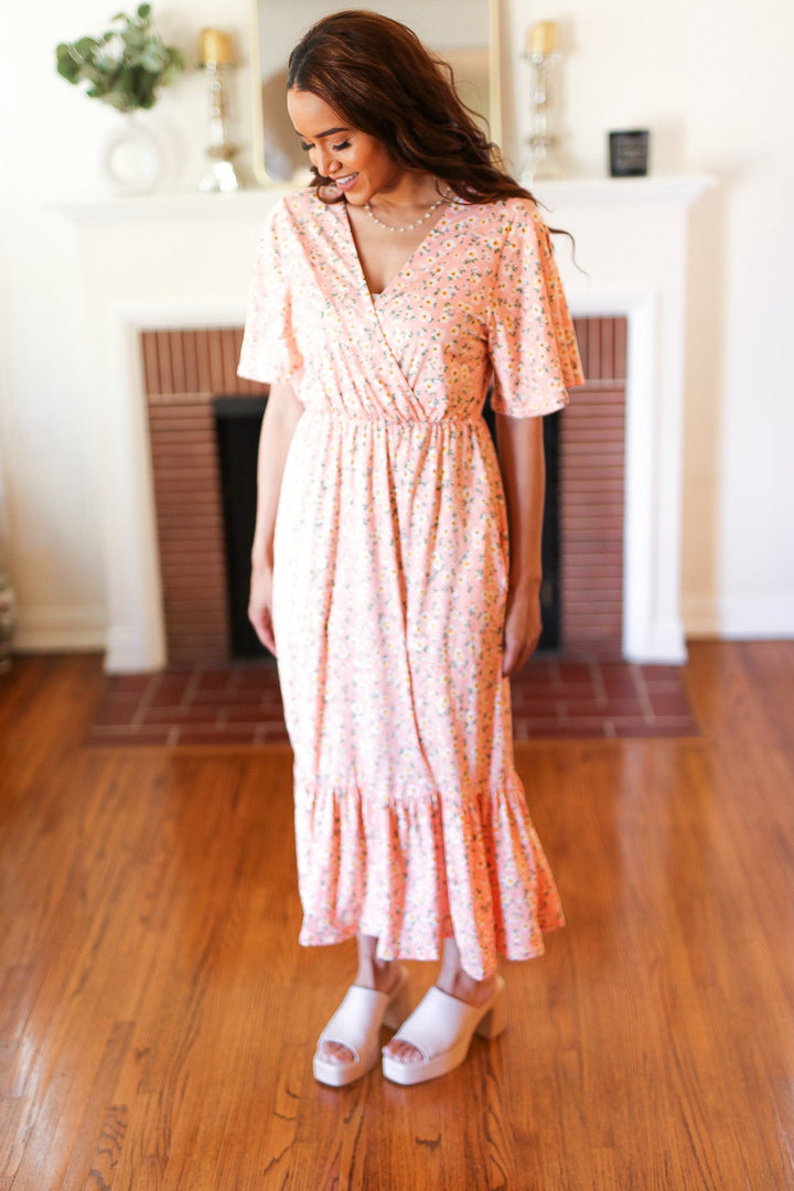 Peach Floral Surplice Elastic Waist Ruffle Maxi Dress