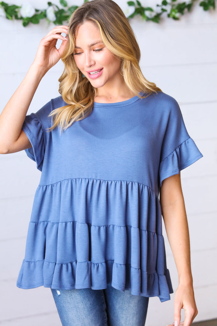 Denim Ruffle Frill Short Sleeve Swing Knit Top