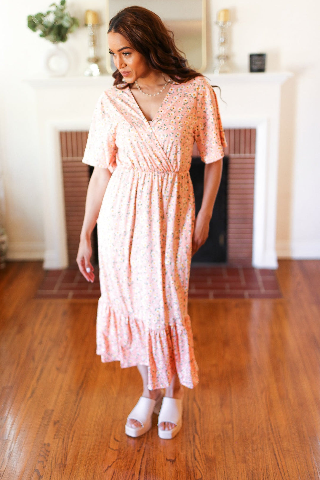 Peach Floral Surplice Elastic Waist Ruffle Maxi Dress