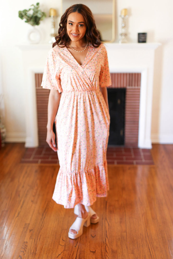 Peach Floral Surplice Elastic Waist Ruffle Maxi Dress