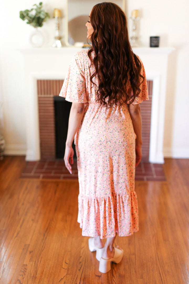 Peach Floral Surplice Elastic Waist Ruffle Maxi Dress