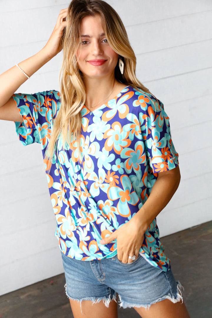 Blue & Orange Retro Floral V Neck Top