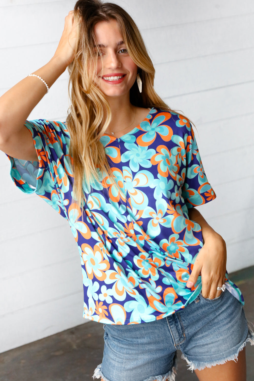 Blue & Orange Retro Floral V Neck Top