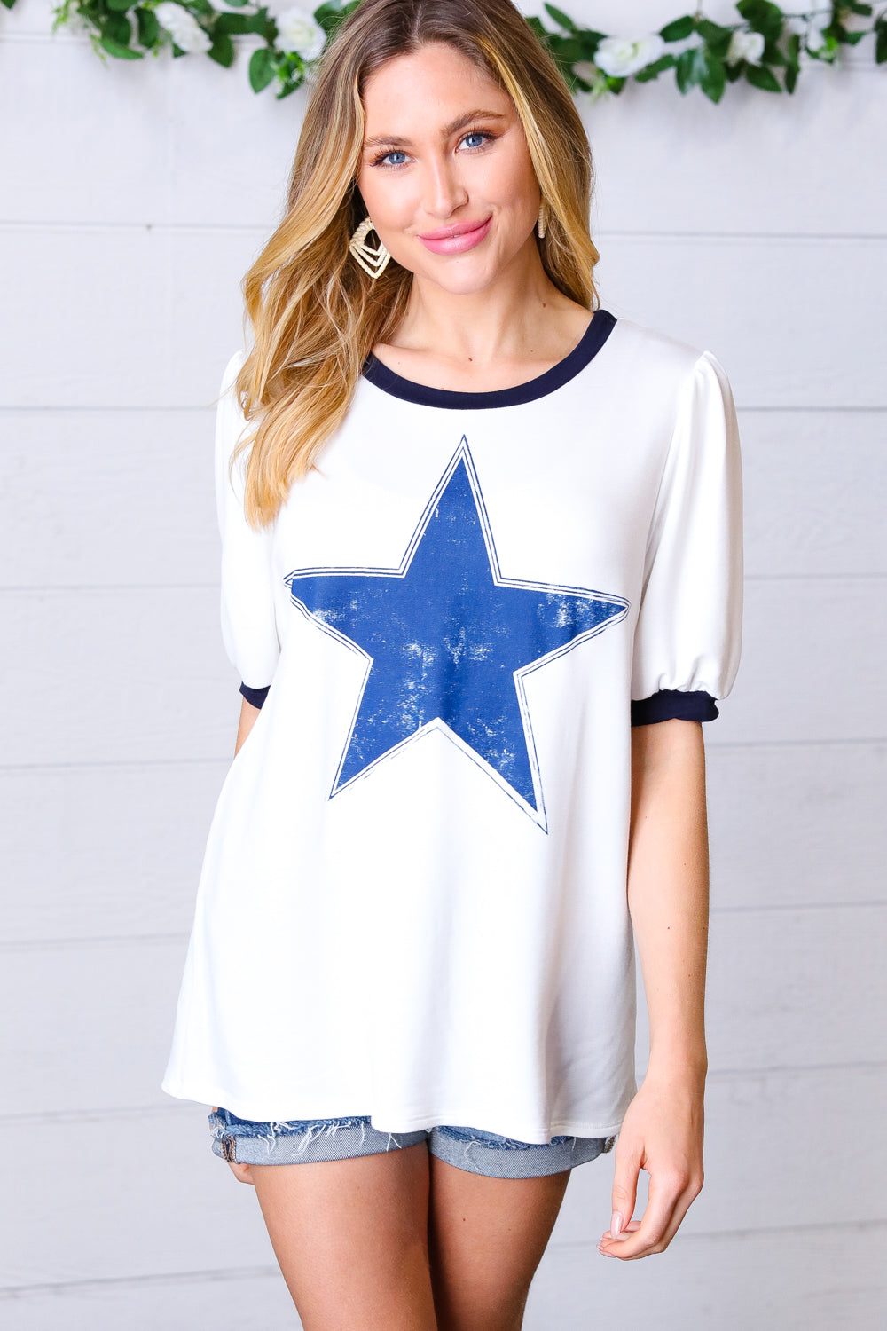 Off White Distressed Star Terry Puff Short Sleeve Top