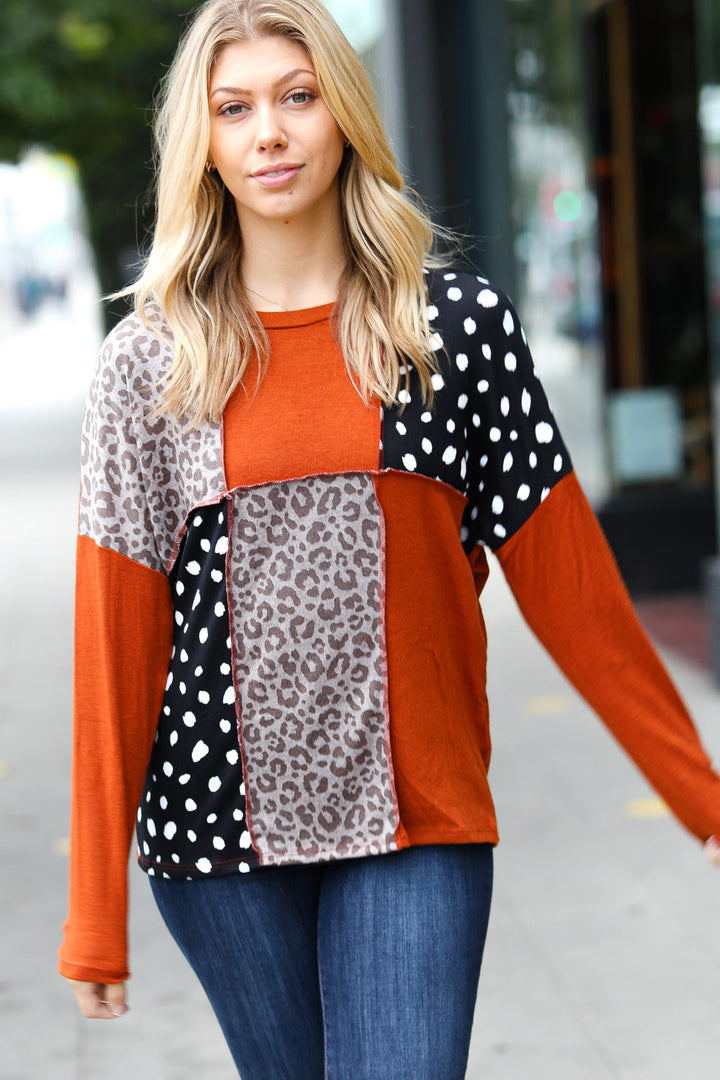 Rust & Black Cashmere Feel Leopard Patch Work Dolman Top