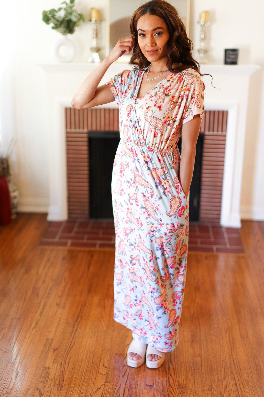 Mint Floral Paisley Surplice Elastic Waist Maxi Dress