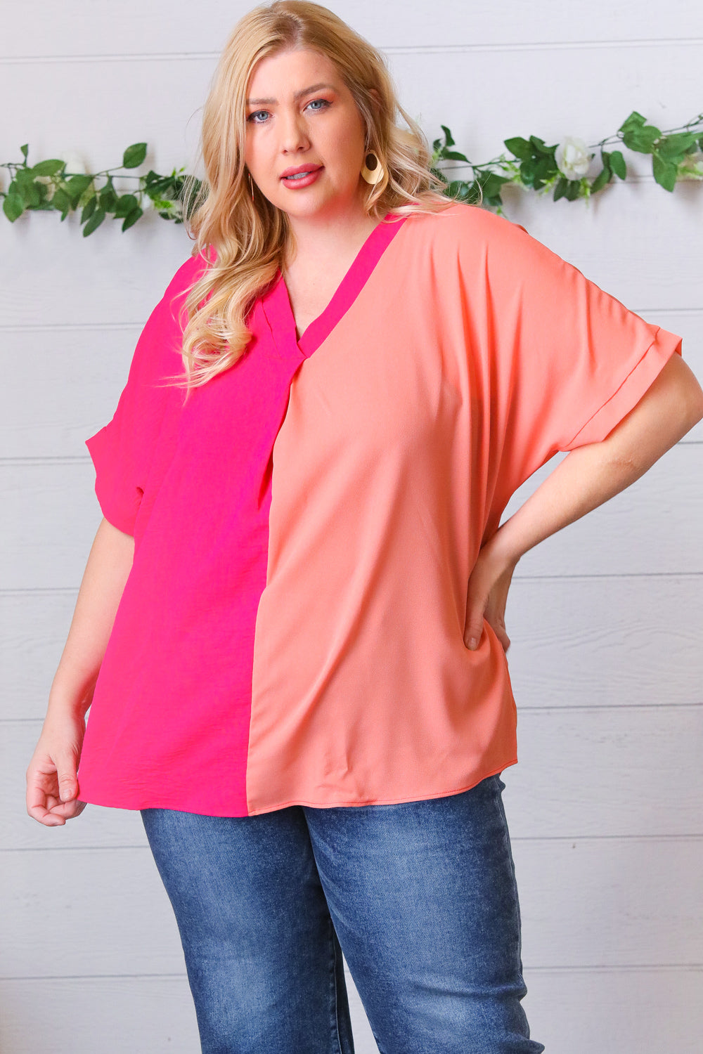 Peach & Magenta Color Block V Neck Crepe Top