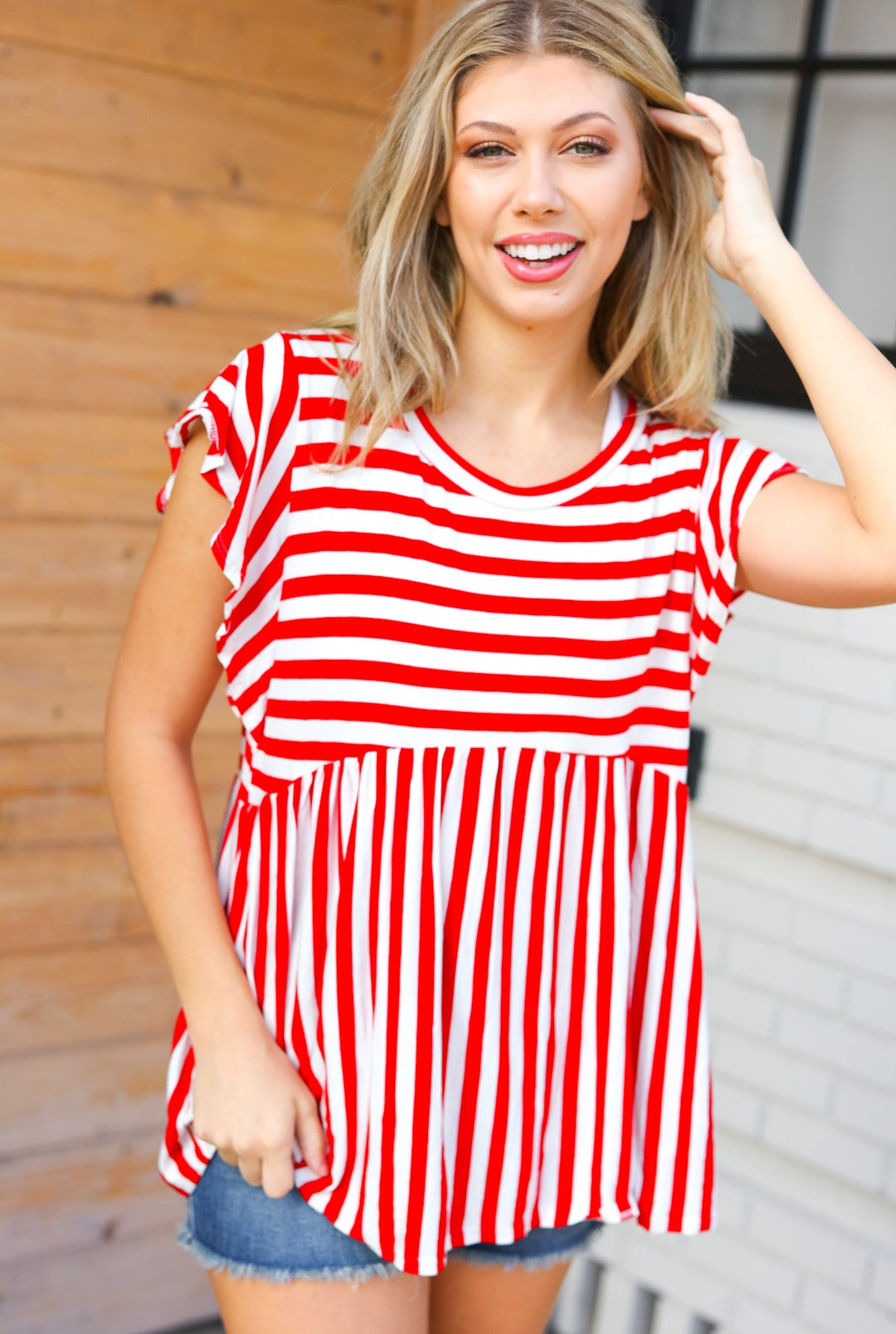 Red Stripe Babydoll Flutter Sleeve Top