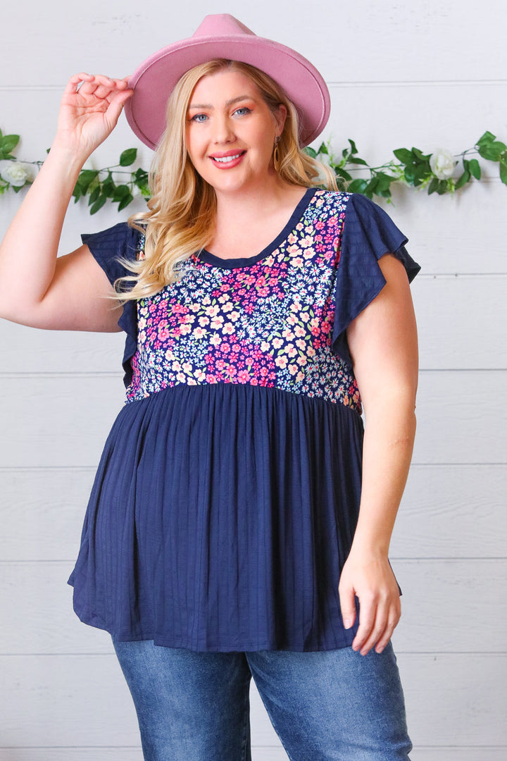 Navy Floral Yoke Babydoll Rib Flutter Sleeve Top