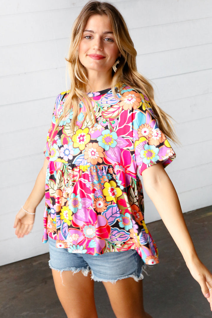 Yellow & Fuchsia Retro Floral Babydoll Top