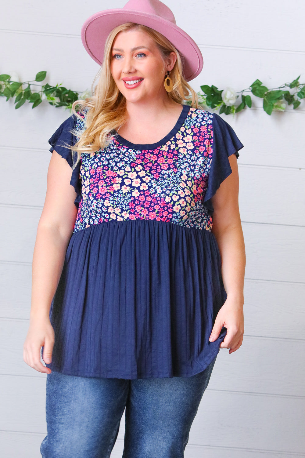 Navy Floral Yoke Babydoll Rib Flutter Sleeve Top