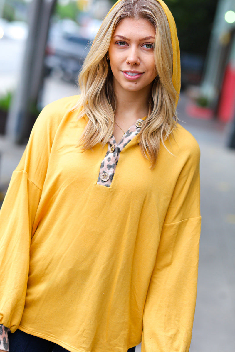 Mustard Leopard Print Button Placard Terry Oversized Hoodie