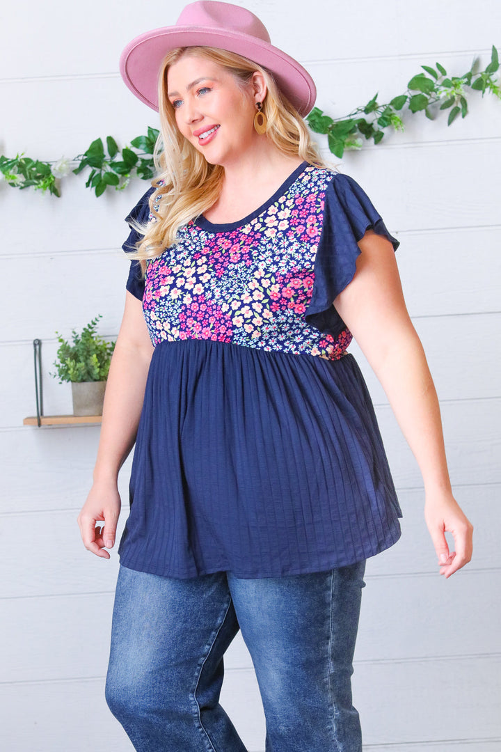 Navy Floral Yoke Babydoll Rib Flutter Sleeve Top