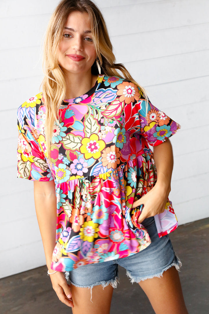 Yellow & Fuchsia Retro Floral Babydoll Top