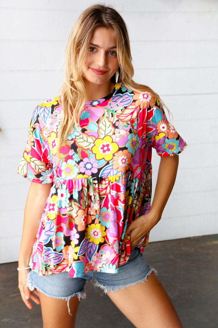 Yellow & Fuchsia Retro Floral Babydoll Top