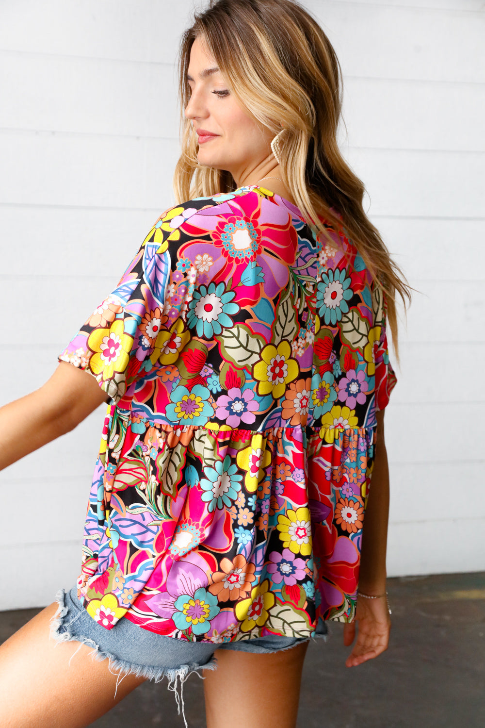 Yellow & Fuchsia Retro Floral Babydoll Top