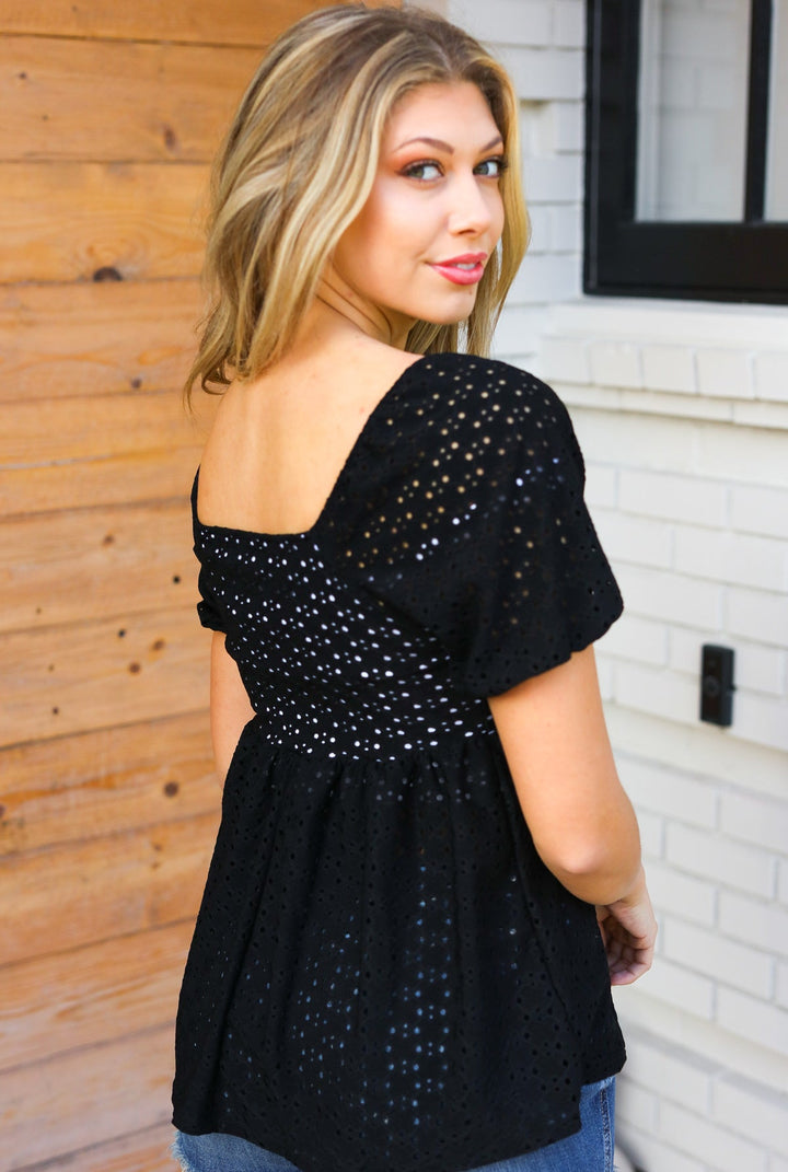 Midnight Eyelet Puff Sleeve Babydoll Top