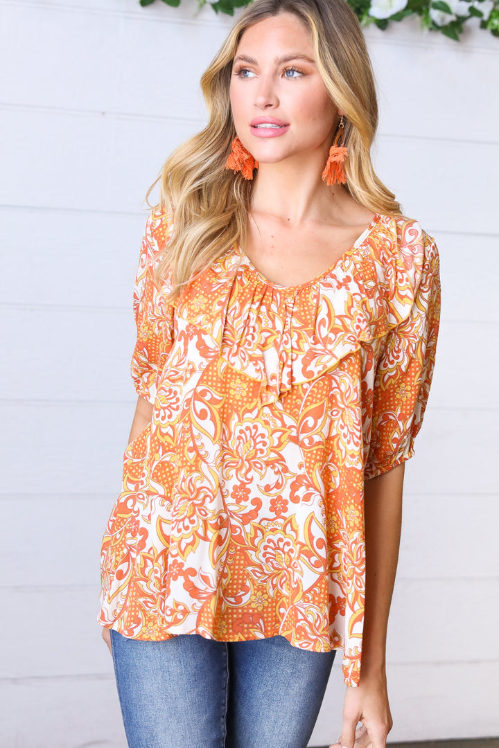 Sunset Orange Boho Ruffle Woven Top