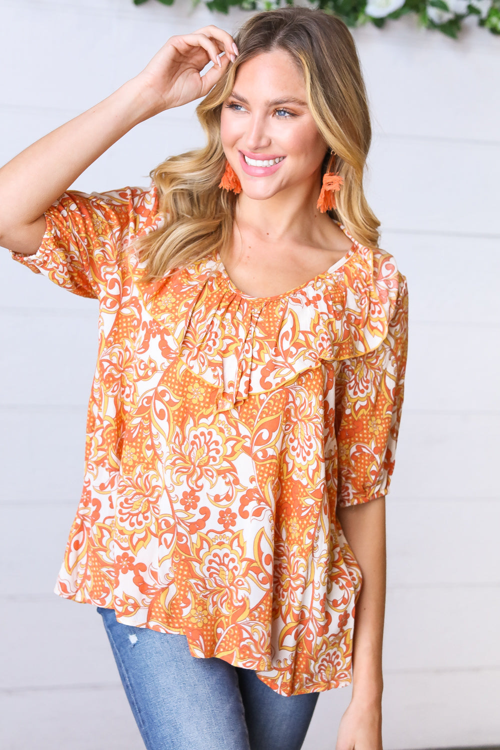 Sunset Orange Boho Ruffle Woven Top