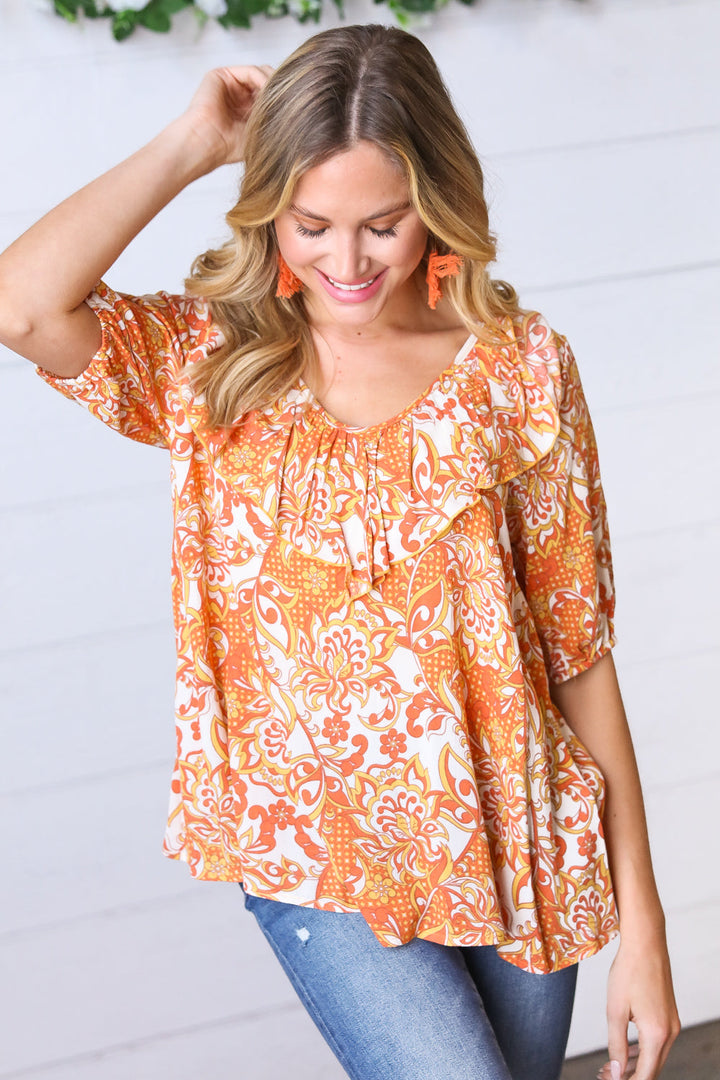 Sunset Orange Boho Ruffle Woven Top