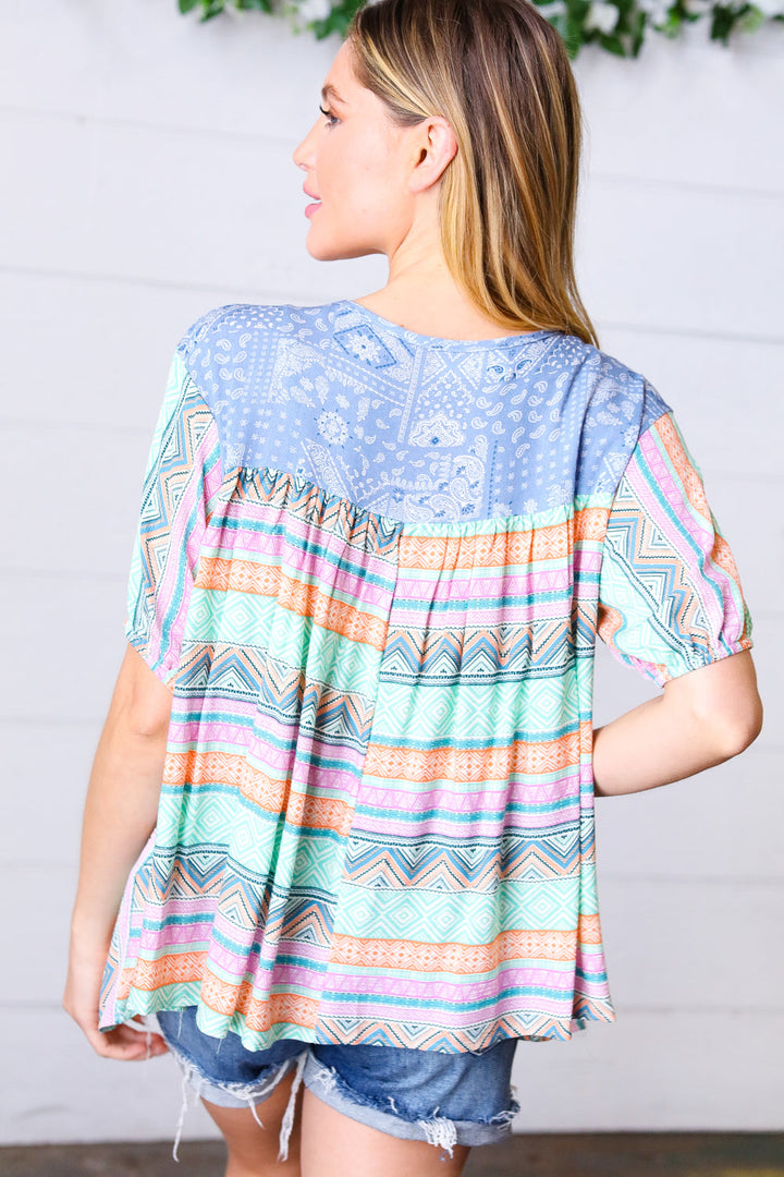 Multicolor Boho Vertical Print Crinkle V Neck Top