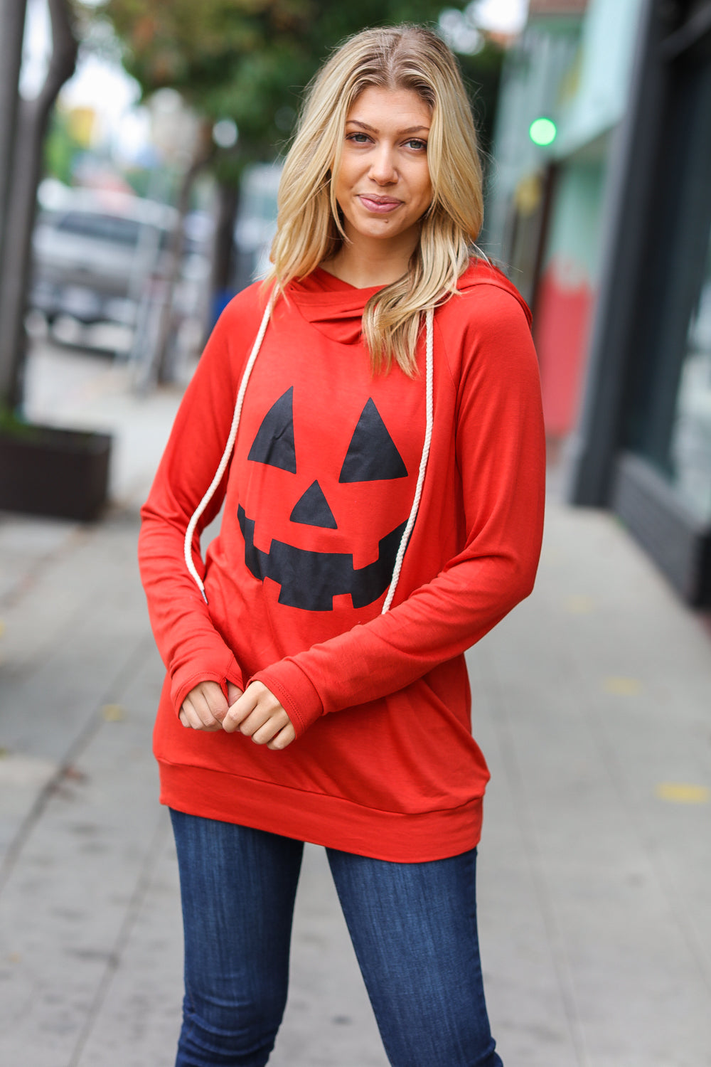 Orange Jack-O-Lantern French Terry Thumb Hole Double Hoodie