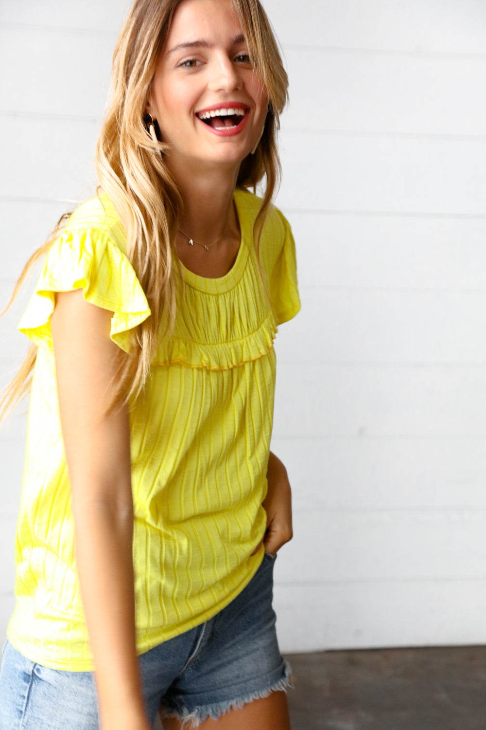 Yellow Wide Rib Frilled Short Sleeve Yoke Top