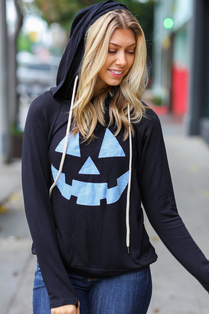 Spooky Black Jack-O-Lantern Terry Thumb Hole Double Hoodie