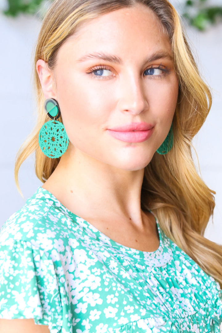 Teal Crochet Carved Disc Dangle Earrings