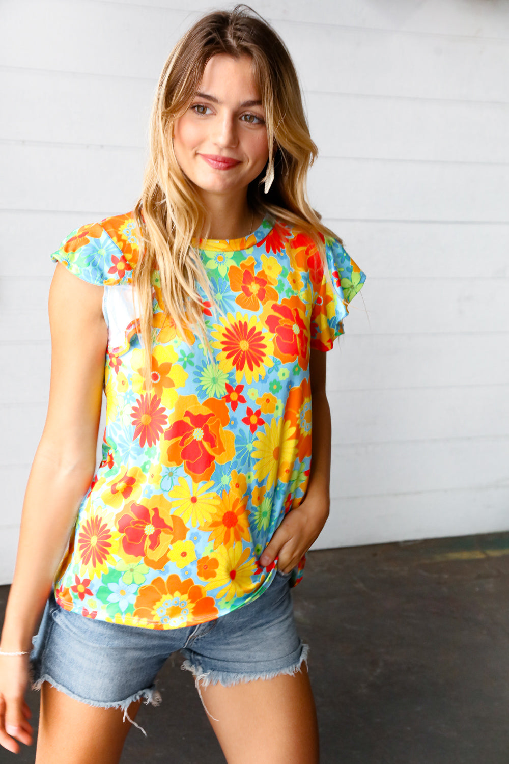 Yellow & Red Floral Flutter Sleeve Top