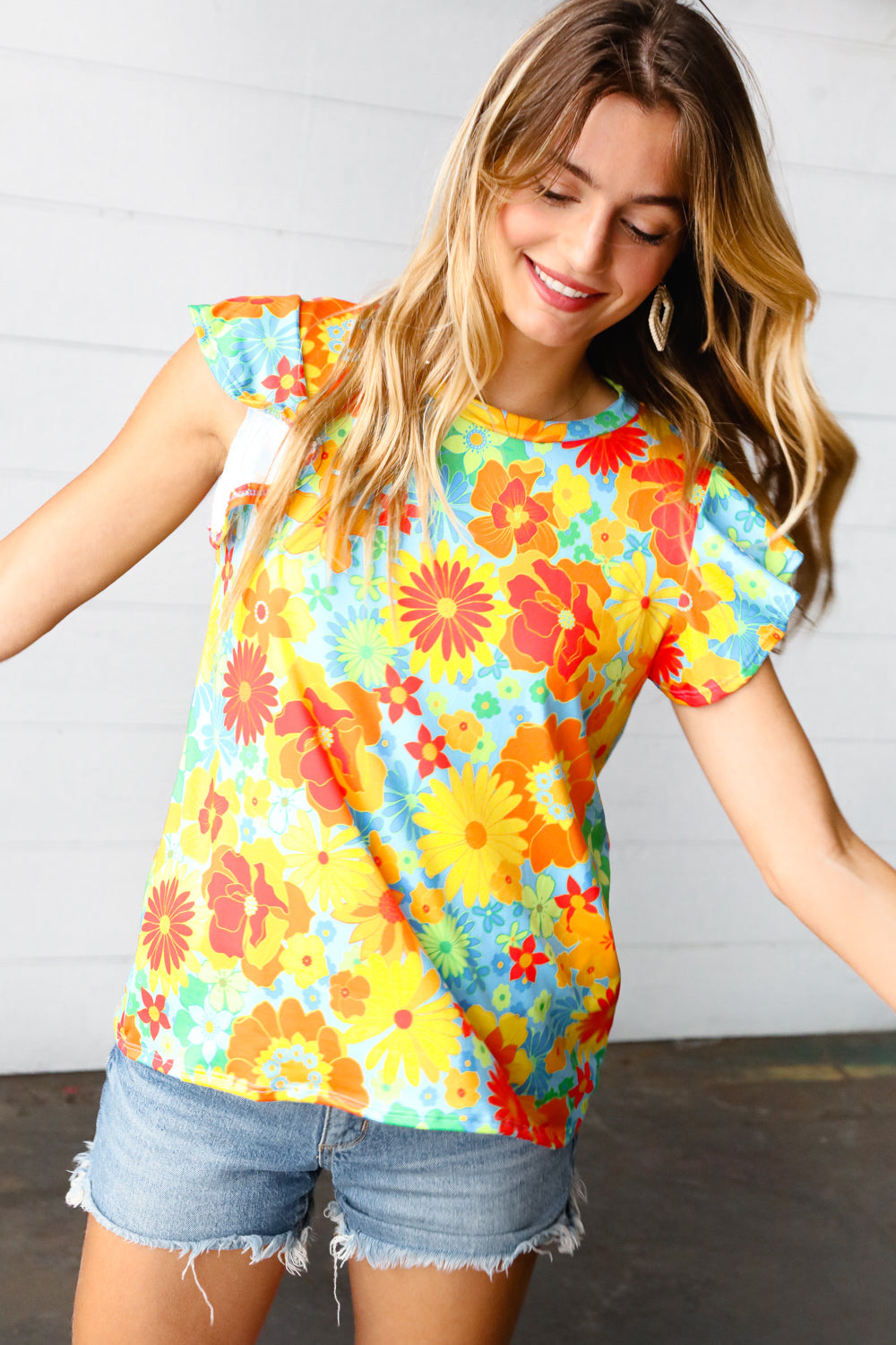 Yellow & Red Floral Flutter Sleeve Top