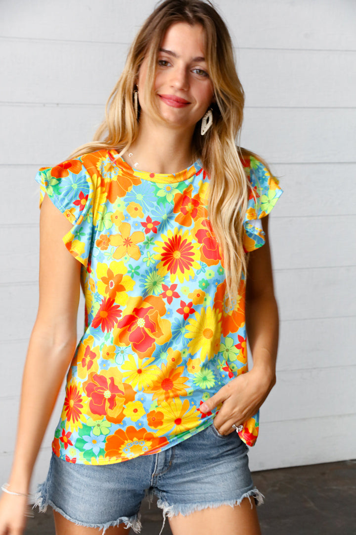 Yellow & Red Floral Flutter Sleeve Top