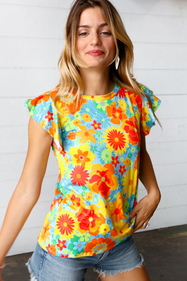 Yellow & Red Floral Flutter Sleeve Top