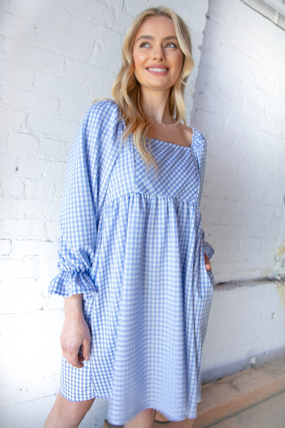 Blue Jacquard Plaid Square Neck Ruffle Sleeve Dress