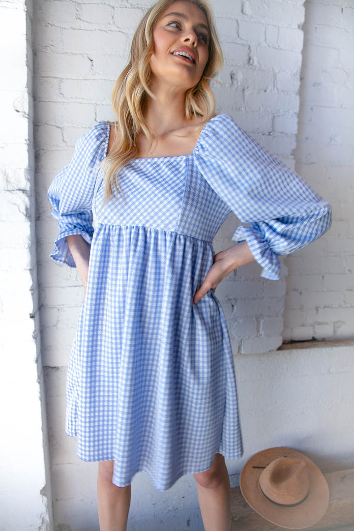 Blue Jacquard Plaid Square Neck Ruffle Sleeve Dress