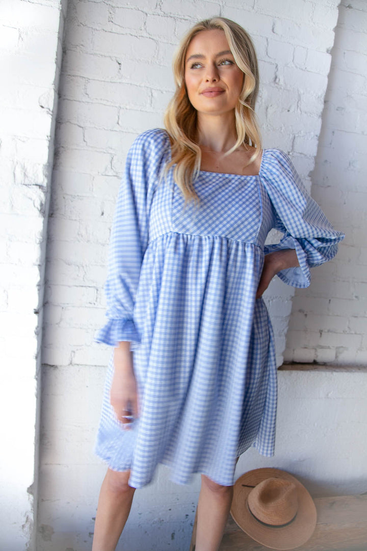 Blue Jacquard Plaid Square Neck Ruffle Sleeve Dress