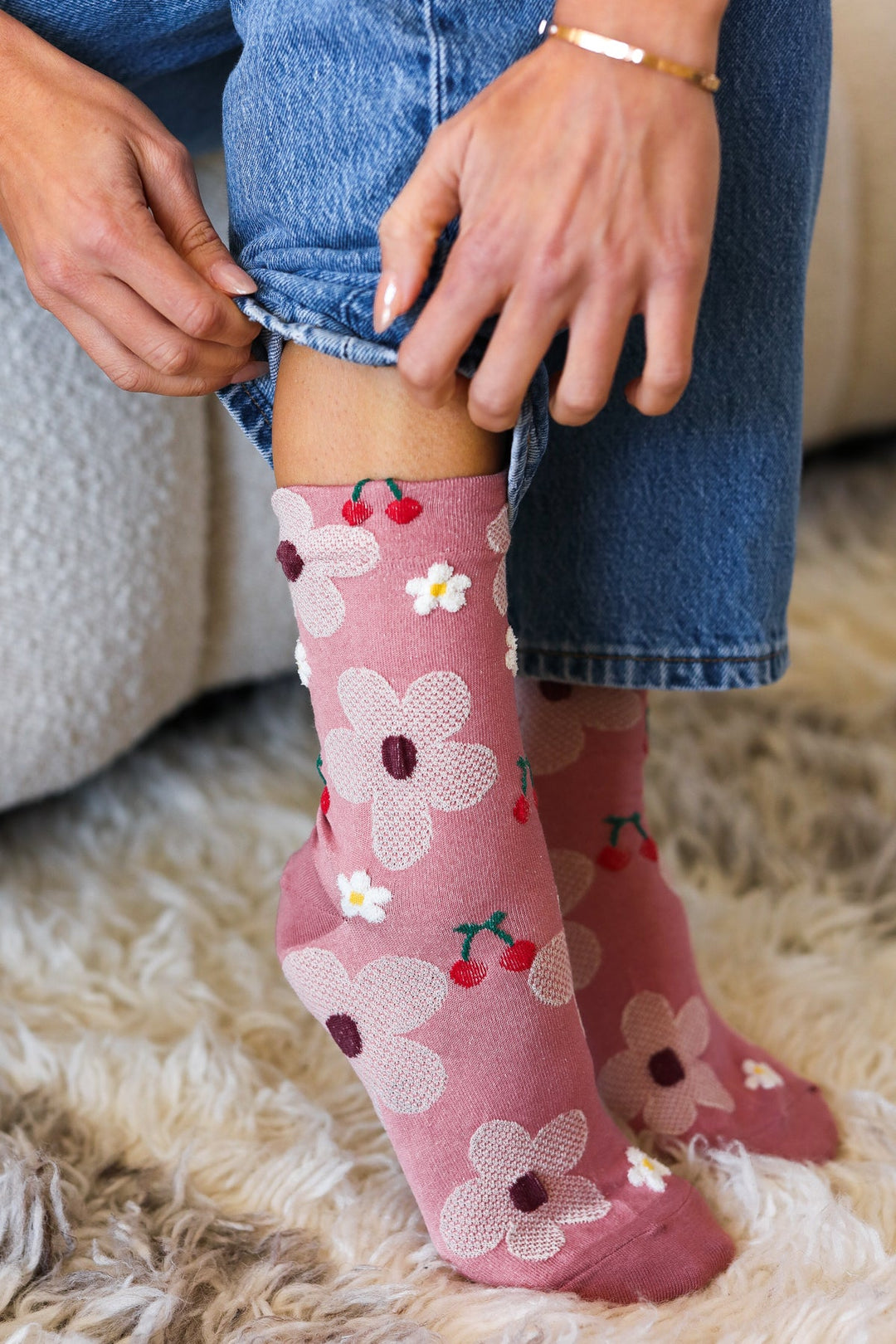 Mauve Floral Crew Socks