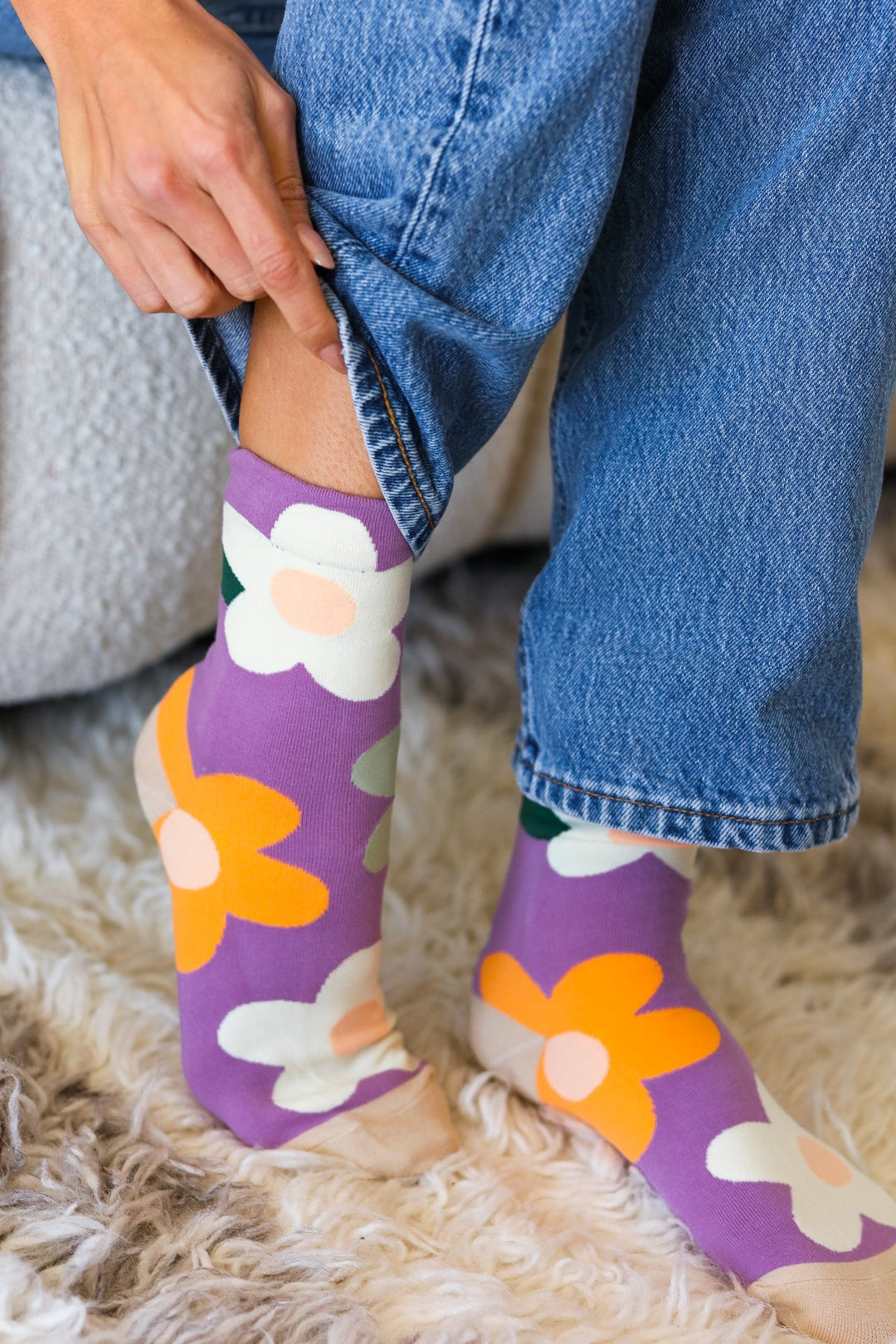 Plum Floral Print Crew Socks