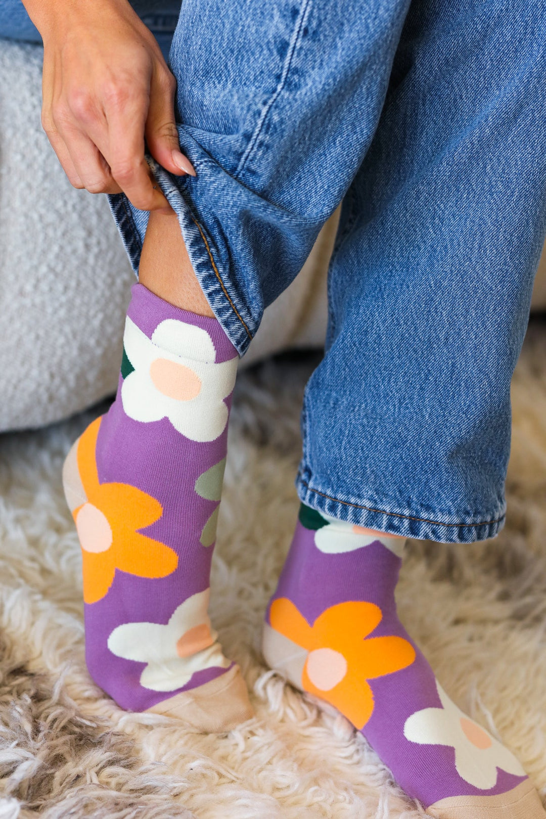 Plum Floral Print Crew Socks